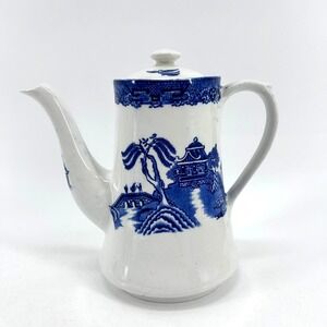 WoodsWare Blue Willow Chinoiserie Ceramic Coffee Pot Tea Pot Pagoda Scene VTG